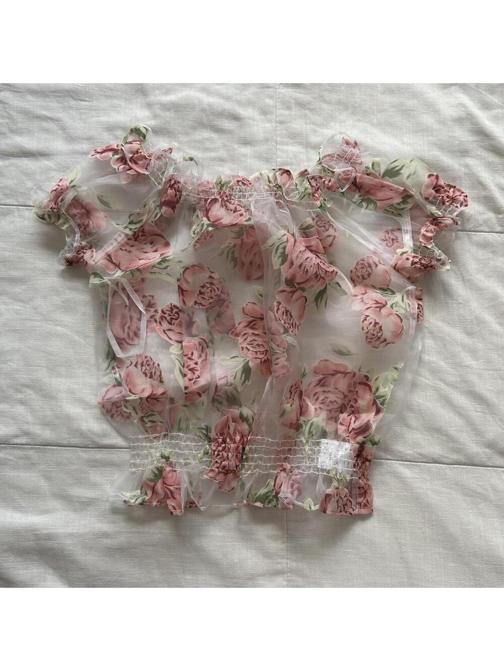 Liz Lisa Pink Rose Floral Sheer Mesh Off Shoulder Smocked Peplum Blouse XS